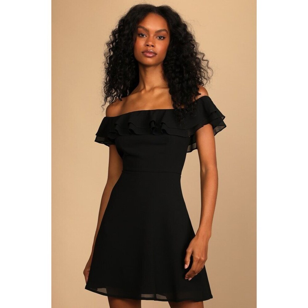 Lulus Win Your Heart Black Ruffle Off-the-shoulder Skater Dress - Size XL